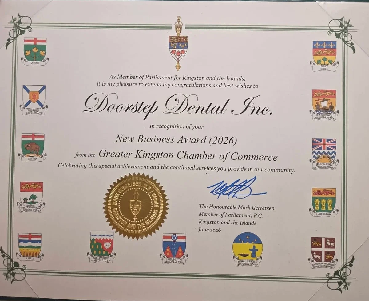 Certificate of Recognition from the Member of Parliament for Kingston and the Islands congratulating DoorStep Dental Inc on its 2026 New Business Award